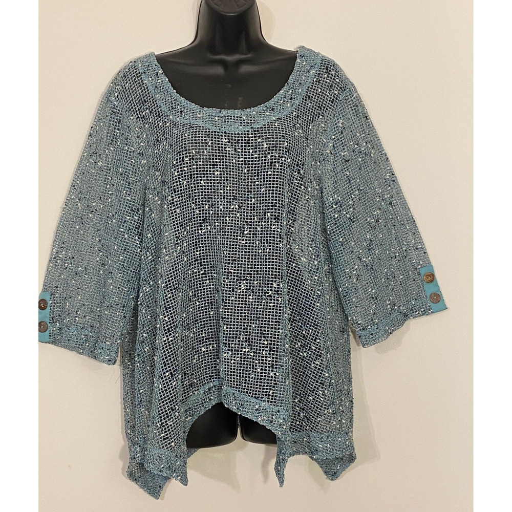 Blue Open Knit Mesh Sharkbite Hem 3/4 Sleeve Sweater Size Medium‎ Women Blair